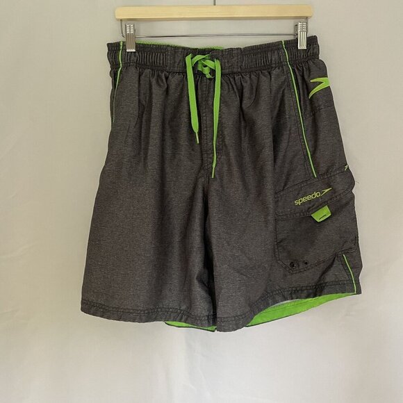 Speedo L/G Swim Trunks Gray & Green Drawstring Elastic Waist Cargo Pocket men's - Picture 1 of 8